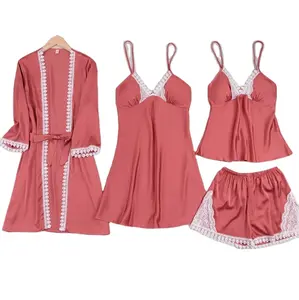 4 pieces soft silk women pajamas sets suspenders nightdress women's home wear night gowns ladies sleepwear