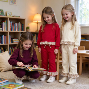 Ensemble de vêtements pour filles, <span class=keywords><strong>pull</strong></span> à manches longues, poches, pantalon évasé à volants - Product Image 1