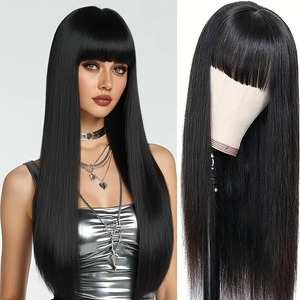 Perruque synthétique noire droite de 26 pouces avec frange, bonnet ajustable, haute densité, aspect naturel, résistante à la chaleur, pour usage quotidien et musique - Product Image 3