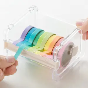 Mini dispensador de cinta de plástico transparente, suministros de papelería kawaii para oficina y escuela, venta al por mayor