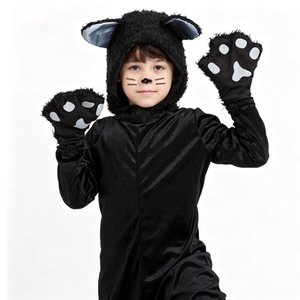 Combinaison de cosplay chat noir pour enfants, costume d'animal d'Halloween, tenue de chat pour tout-petits avec gants et queue pour spectacle de maternelle - Product Image 3
