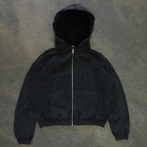 Alta calidad personalizado Unisex hombres de gran tamaño francés Terry polar algodón desgastado recortado Boxy <span class=keywords><strong>Zip</strong></span> up sudaderas con capucha hombre - Product Image 1