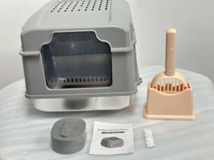 Große Katzentoilette aus Edelstahl mit geschlossenem Design, Sandwanne, Anti-Spritz-Funktion und Kunststoff-Reinigungsbad - Product Image 2