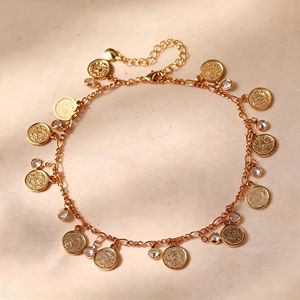 Chaîne de cheville bohème ajustable en cuivre plaqué <span class=keywords><strong>or</strong></span> 18 carats avec pendentif pièce de monnaie et zircon transparent, cadeau pour <span class=keywords><strong>femme</strong></span> - Product Image 4