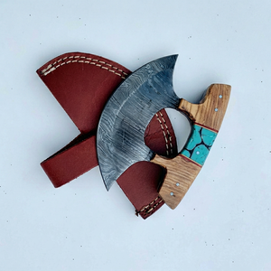 Couteau à pizza de haute qualité, fait main, en acier inoxydable et acier Damas, avec manche en bois de rose, tête de hache de 1 lb, avec étui en cuir - Product Image 1