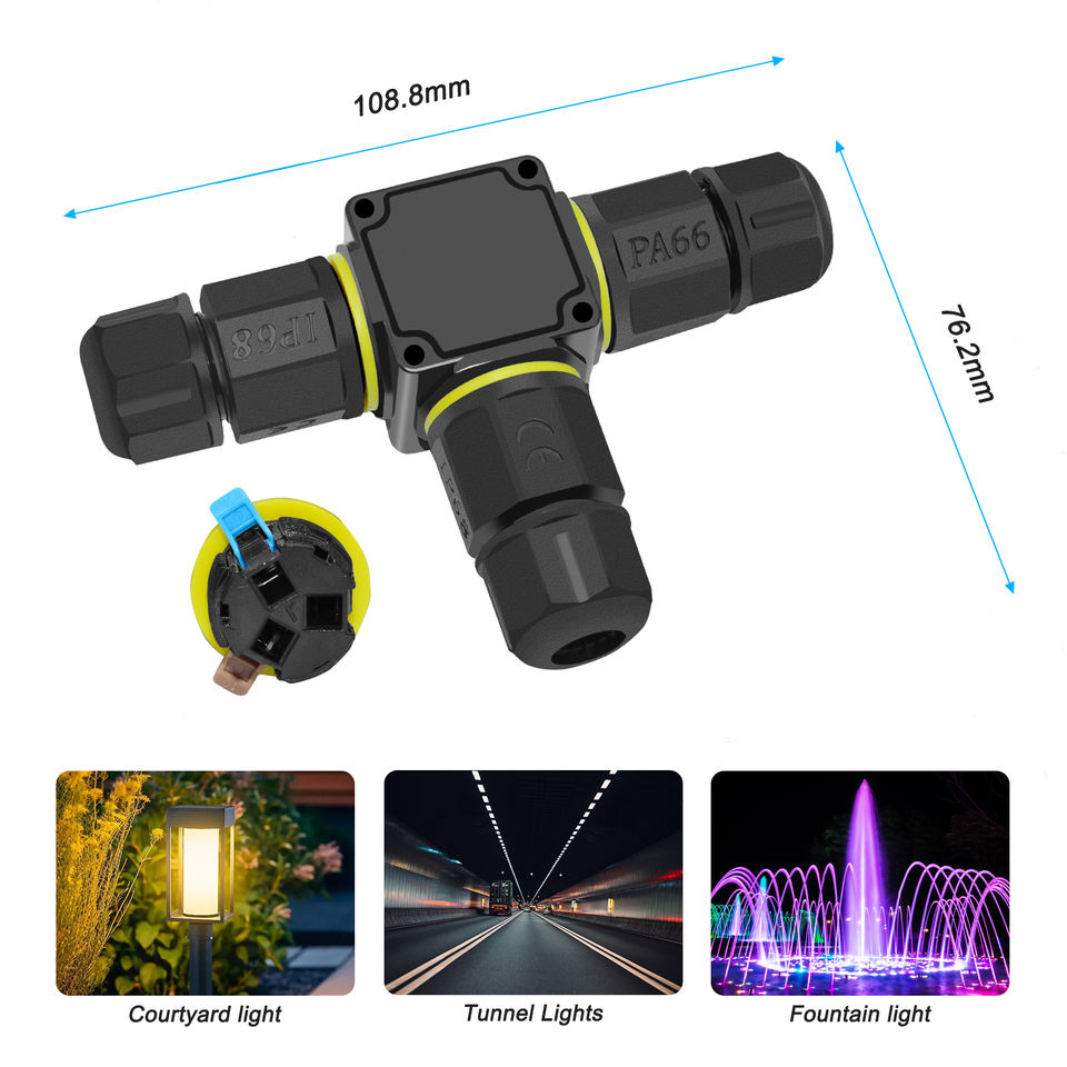 M20 IP68 Screwless 3 Way T-Shape Waterproof Cable Connector