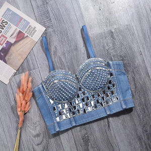 Fabricants de vêtements pour femmes Mode personnalisée Top corset sexy dos nu Bustier bleu scintillant avec strass et détails en cristal - Product Image 4