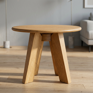 Table d'appoint de salle à manger scandinave moderne en teck massif, fabriquée à la main, éco-responsable, avec bord arrondi et quatre supports en forme de clé de serrage, idéale pour l'école et l'appartement - Product Image 3