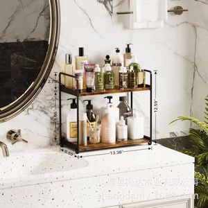 Cross-border double-layer iron <b>desktop</b> storage rack, home wall-mountable wooden kitchen countertop storage <b>shelf</b> - Product Image 3