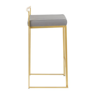 Taburete de Barra de <span class=keywords><strong>Cocina</strong></span> de Lujo Moderno <span class=keywords><strong>con</strong></span> Asiento Acolchado de Cuero PU Gris, <span class=keywords><strong>Respaldo</strong></span> Bajo y Estructura Metálica Cuadrada Dorada - Product Image 3