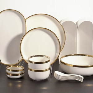 7pc Gold Trim Ceramic Dinnerware <b>Set</b> Elegant Porcelain Tableware for Dining Dishwasher Safe Formal Table Setting Collection - Product Image 1