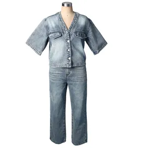 Setelan jins Denim untuk anak-anak, setelan jins Denim anak perempuan, lengan pendek + celana, 2 potong, pakaian katun 100%