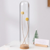 Dôme en verre clair personnalisé avec base en bois de fleur de cylindre rond antique de liège pour la décoration
