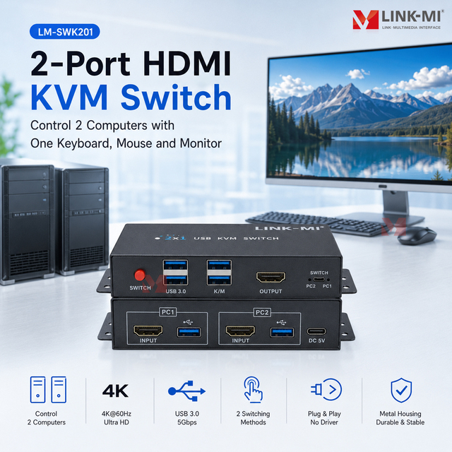 2 Port HDMI KVM Switch USB 3.0 4K UHD Monitor Keyboard Mouse Sharing Switch for Windows Mac Linux