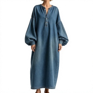 Loose Denim Maxi Dress V-neck Lantern Sleeves Solid Color Casual Eco-Friendly ODM Breathable Natural Waist Spring - Product Image 4