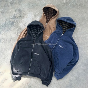 Sweat à capuche zippé personnalisé pour fabricants, effet délavé à l'acide, double couche, réversible, à carreaux, coupe courte et carrée, double face, veste zippée - Product Image 5