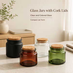 Bocaux en verre transparent, noir, ambre et vert de luxe personnalisés de 100 ml et 200 ml avec couvercles en liège naturel - Product Image 1