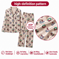 Ensemble de pyjama pour femme en satin de polyester, personnalisé, beige, avec motif de couronne de Noël printanière et canne à sucre, col cranté sur le devant, POD MOQ 1PC
