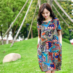 Spring Summer Korean Style Floral Loose Dress O Neck Natural Waist Polyester Women's Plus Size Curvy Middle Aged Mothers Trendy - Product Image 5