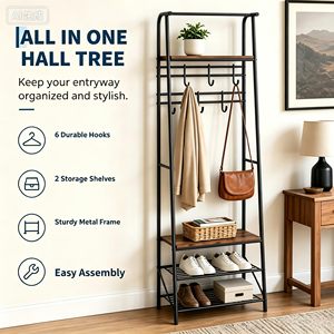 SENYU Industrial Metal <b>Coat</b> Rack <b>with</b> 3 <b>Shelves</b> 8 <b>Hooks</b> Multipurpose Entryway Storage Stand Modern Freestanding Furniture - Product Image 2