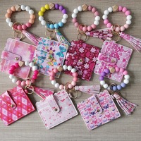 Porte-cartes en PU imprimé UV couleur macaron tendance avec pompon, livré avec porte-clés en silicone perlé, portefeuille multi-cartes pour documents d'identité