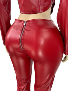 Hochwertiges Damen-Leder-Set, 2-teilig, Crop-Jacke, Oberteil, lange Hose, passendes Set, sexy Kunstleder-Zweiteiler, Damenbekleidung - Product Image 6