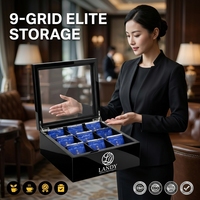 Coffret à thé professionnel Landy à 9 compartiments en bois, noir brillant avec fenêtre gravée, boîte de rangement pour hôtel, restaurant, usine