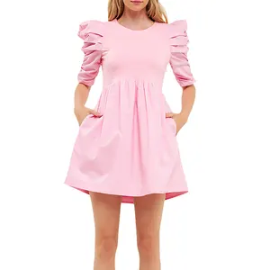 Fashion Ladies Summer Clothes Pink Puff Sleeved Dress Pleated Ruched Cotton Dress