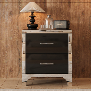 High Gloss Nightstand With 2 Drawers <b>Mirrored</b> <b>Bedside</b> <b>Table</b> Black For Bedroom Living Room - Product Image 3
