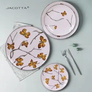 Custom butterfly Printing side plates Restaurant Round Ceramic Porcelain Dinner dish set