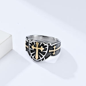 Shield Cross <b>Titanium</b> Steel <b>Ring</b> For <b>Men</b> Stainless Steel Jewelry Gift Band With Gold Accent Design - Product Image 3