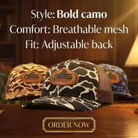 Casquette de camionneur en daim camouflage avec patch en cuir brodé personnalisé OEM, Richardson 112, respirante, imperméable, unisexe, adulte