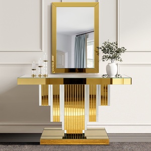 Consolle di Lusso Guanlong con <span class=keywords><strong>Specchio</strong></span> Dorato, Tavolo da <span class=keywords><strong>Ingresso</strong></span> in Vetro Lucido e <span class=keywords><strong>Specchio</strong></span> Decorativo da Parete per Soggiorno - Product Image 2