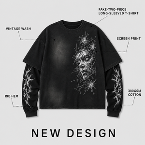 Custom 300Gsm Washed Cotton Oversized T-shirt Layered Long Sleeve Graphic Tee Streetwear High Quality Private Label Men T Shirt - Product Image 3