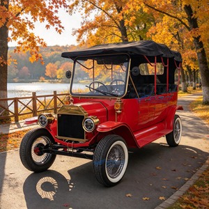 Voiture de tourisme électrique rouge vintage à quatre roues, véhicule rétro antique pour passagers avec pare-soleil noir - Product Image 1