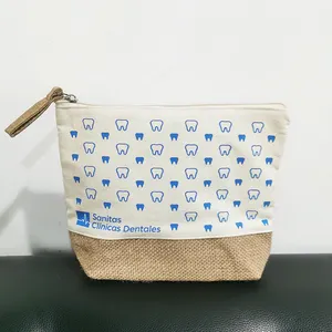 Profesyonel özel Logo çuval bezi makyaj çantası makyaj fermuarlı çanta organik iki ton jüt kozmetik çantası