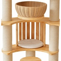 Arbre à chat multi-niveaux en bois avec poteau à gratter en sisal, bol en acrylique, perchoir, panier en osier, grande tour d'escalade, mobilier d'intérieur