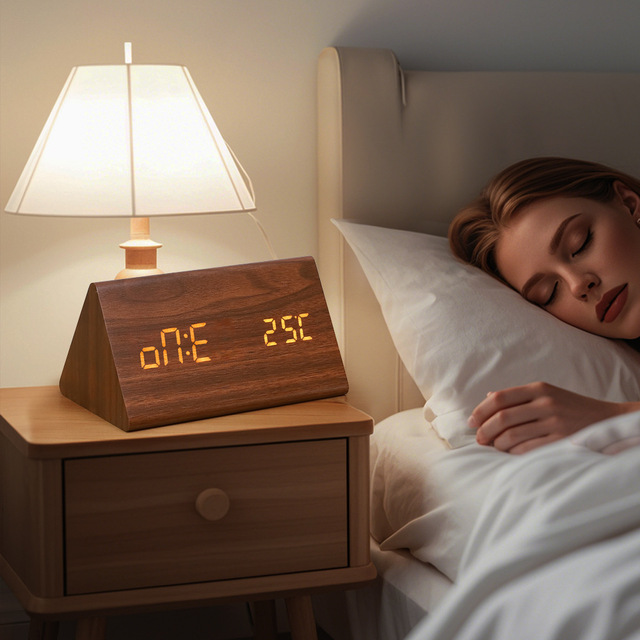 Modern Silent Triangle Wooden Quartz Digital Alarm Clock LED Thermometer Back School Timing Display Snooze Function