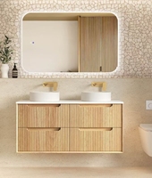 Ensemble de meubles de salle de bain modernes en bois massif OEM avec miroir LED argenté mural, égouttoir en cuivre, écologique, pour usage domestique ou scolaire