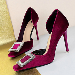 Women Square Diamonds <b>Decor</b> on <b>Shoes</b> High Heels Sandals Dress Office Ladies Suede Side Cut Out Pumps - Product Image 5