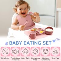 Lot de 8 fournitures d'alimentation pour bébé en silicone avec succion assiette divisée bavoirs bol napperon cuillère fourchette tasse avec paille ensemble de vaisselle