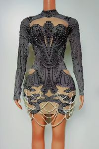 AD2489 Kimshein时尚长袖迷你连衣裙奢华珍珠舞会礼服钻石水钻水晶派对礼服 - Product Image 4