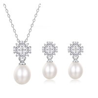 Clásico fino S925 plata copo de nieve Zirconia Natural perla de agua dulce collar pendiente boda compromiso conjunto de joyería nupcial