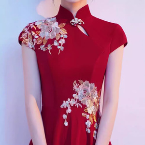 Red Chinese Style Cheongsam Long Dress For Performance Women Claret Polyester Evening Gown With 3D Embroidery - Product Image 2