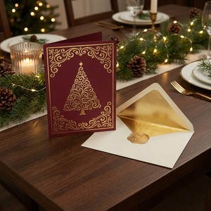 Carte de vœux de Noël et du Nouvel An de luxe en or bordeaux avec logo personnalisé, élégante carte de vœux d'affaires pour les fêtes avec enveloppe - Product Image 3