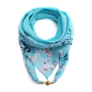 HZW-24019 Wholesale Beaded Solid Color Necklace Jeweled Chiffon Jewelry Pendant Scarf