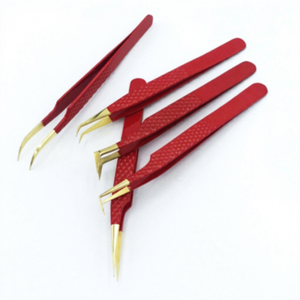 Pince à épiler pour extensions de cils volume russe, avec pointe en diamant couleur rouge poudré, embout en or 24 carats, logo personnalisé, en acier inoxydable - Product Image 5