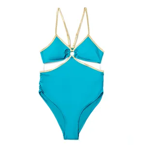 2023新款泳装欧美时尚性感两件套蓝色金色泳装
