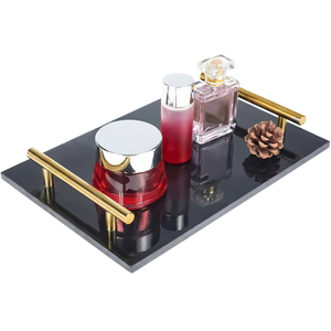 Modern <b>Black</b> Marble Serving Tray with Gold Metal Handles Luxury Decorative <b>Vanity</b> Tray for Bathroom Bedroom Coffee <b>Table</b> Kitchen - Product Image 1