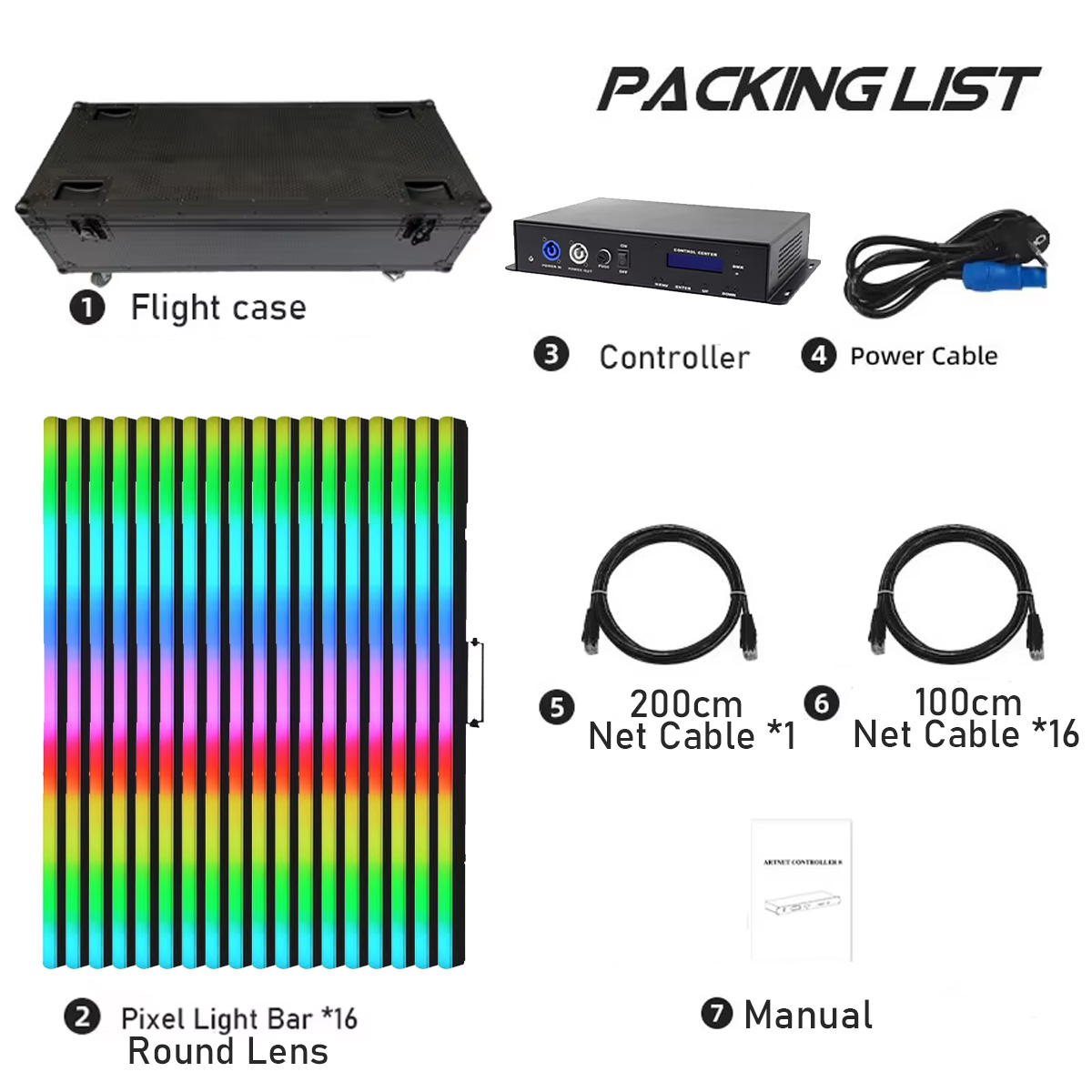 16 Tubos LED Pixel – Lente Redonda – Flight Case